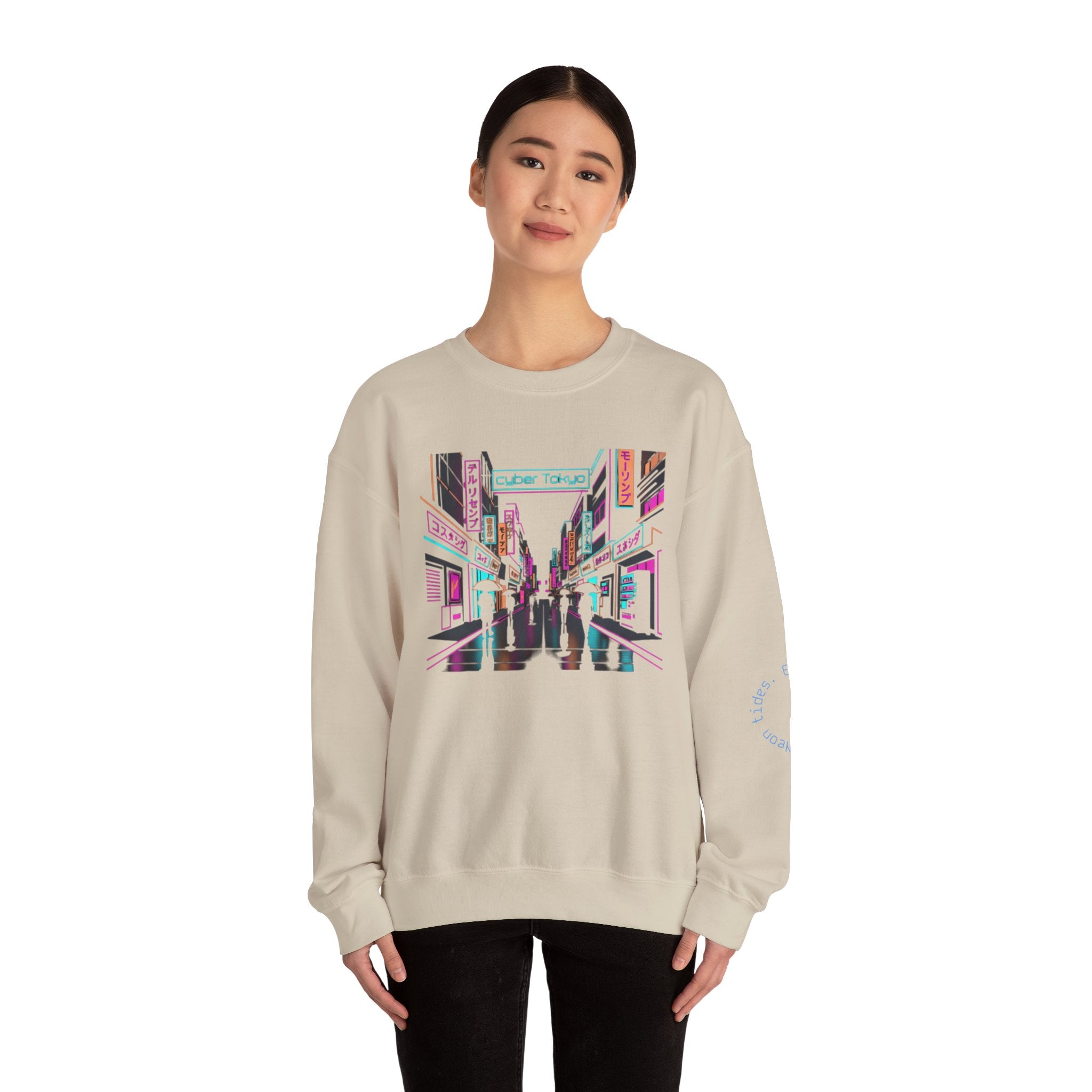 Retro Neon City Crewneck Sweatshirt — Vaporwave Street Scene Design