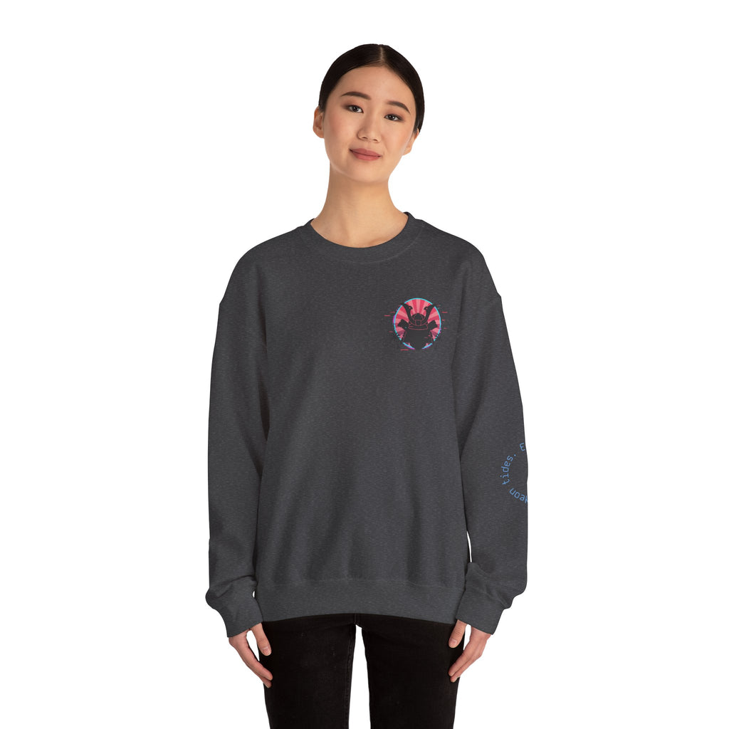Surf Samurai Crewneck Sweatshirt — Retro Neon Sunset Wave Design