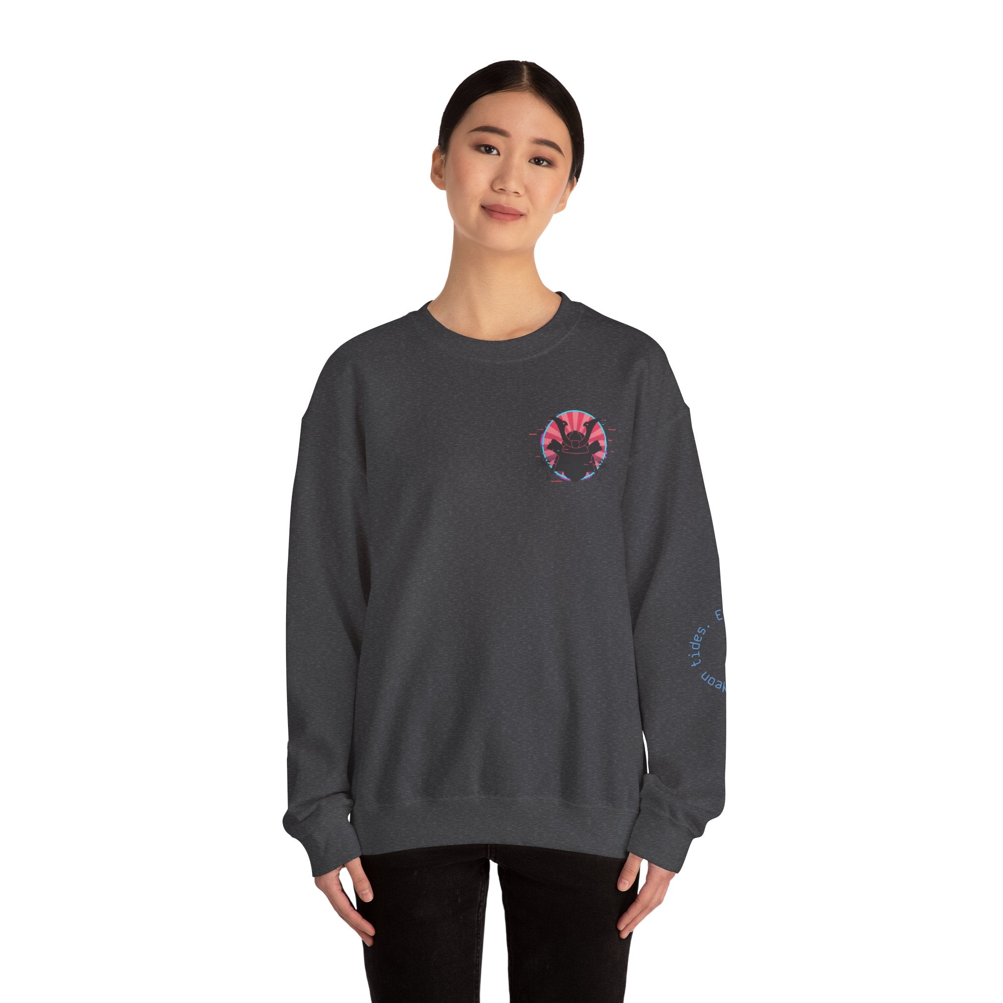 Surf Samurai Crewneck Sweatshirt — Retro Neon Sunset Wave Design