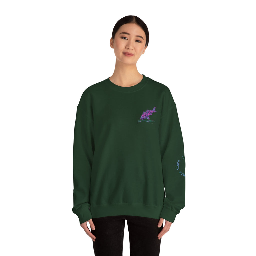 Crewneck Sweatshirt — Pastel Japanese Text Repeat & Purple Fish Graphic