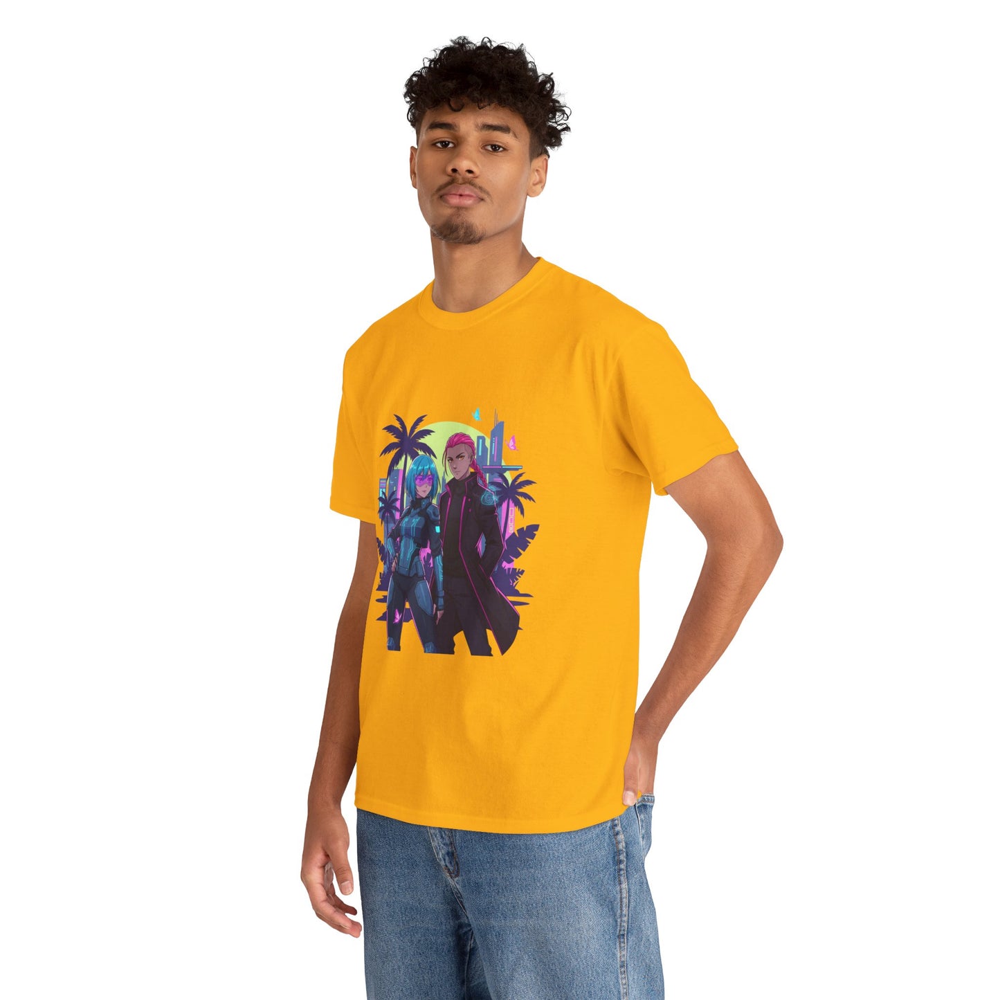 Cyberpunk Tropical Duo Tee — Neon Futuristic Beach Graphic T-Shirt