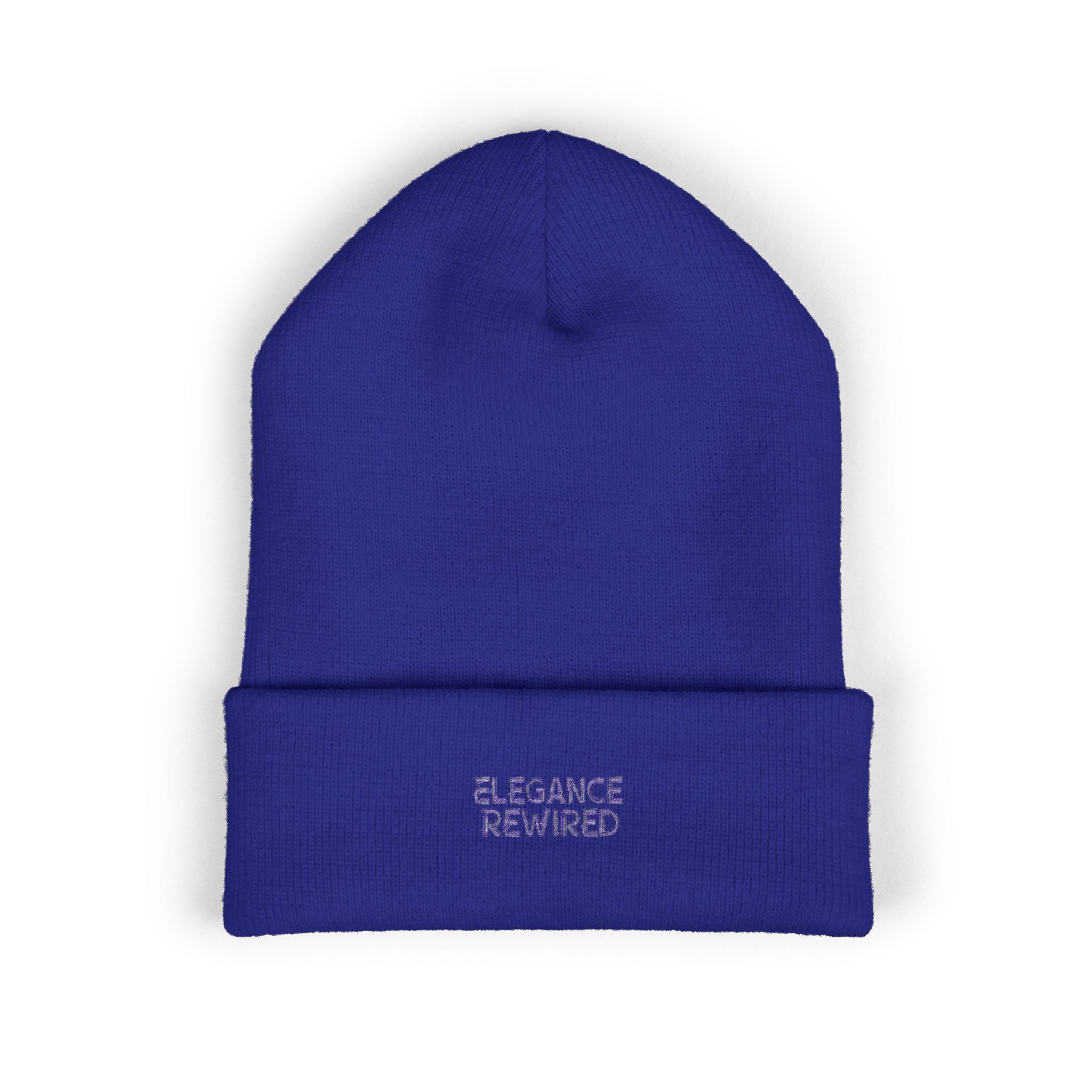 Embroidered 'Elegance Rewired' Cuffed Beanie — Minimal White Knit Winter Hat