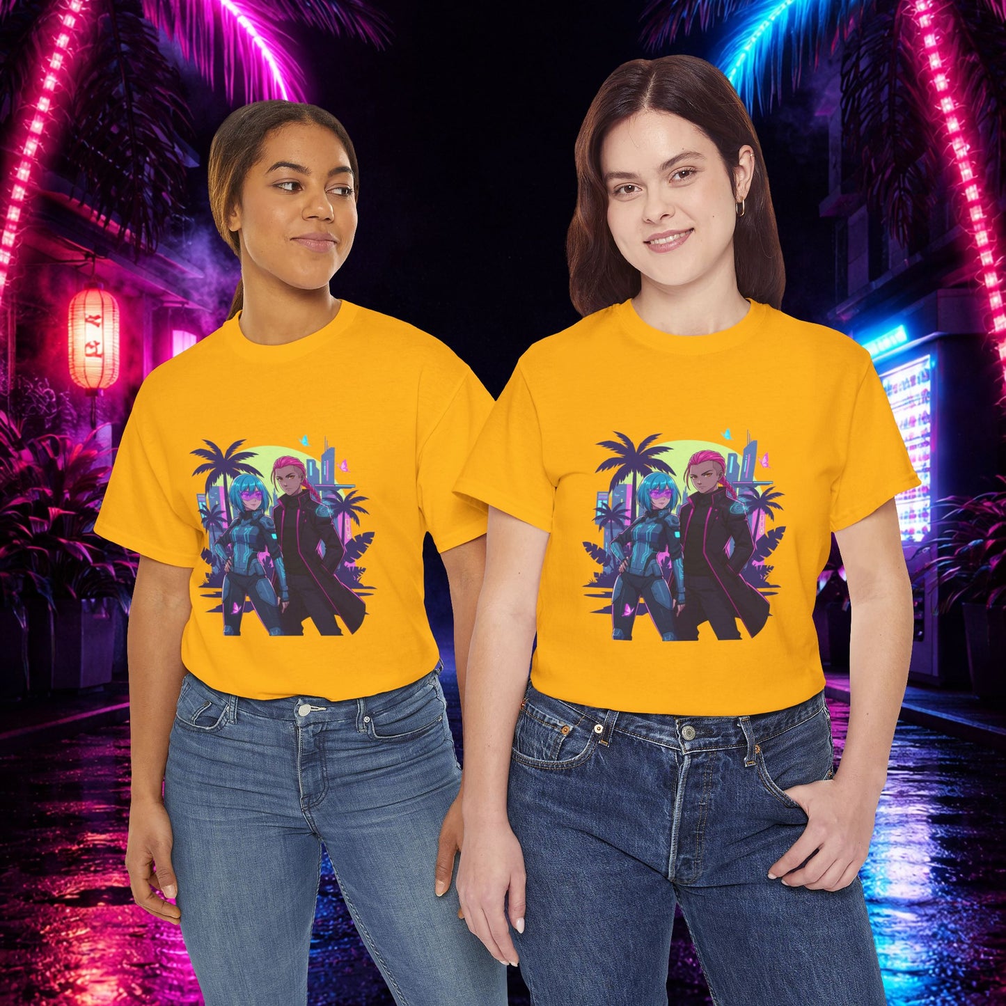 Cyberpunk Tropical Duo Tee — Neon Futuristic Beach Graphic T-Shirt