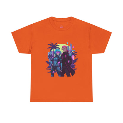 Cyberpunk Tropical Duo Tee — Neon Futuristic Beach Graphic T-Shirt