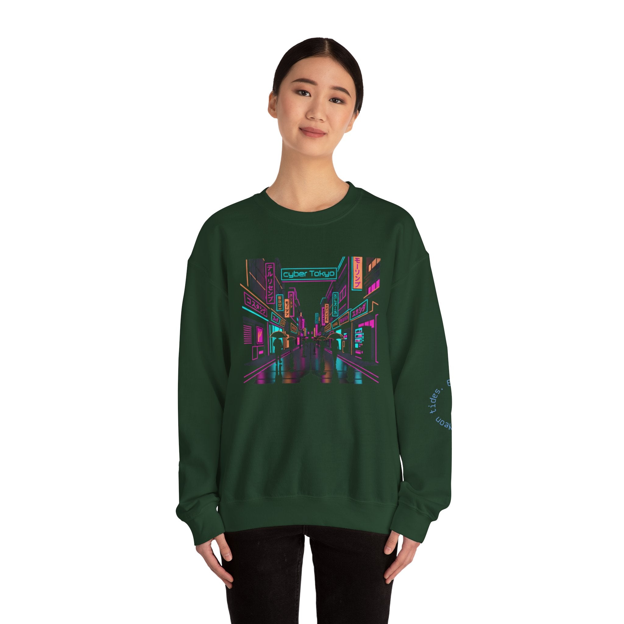 Retro Neon City Crewneck Sweatshirt — Vaporwave Street Scene Design