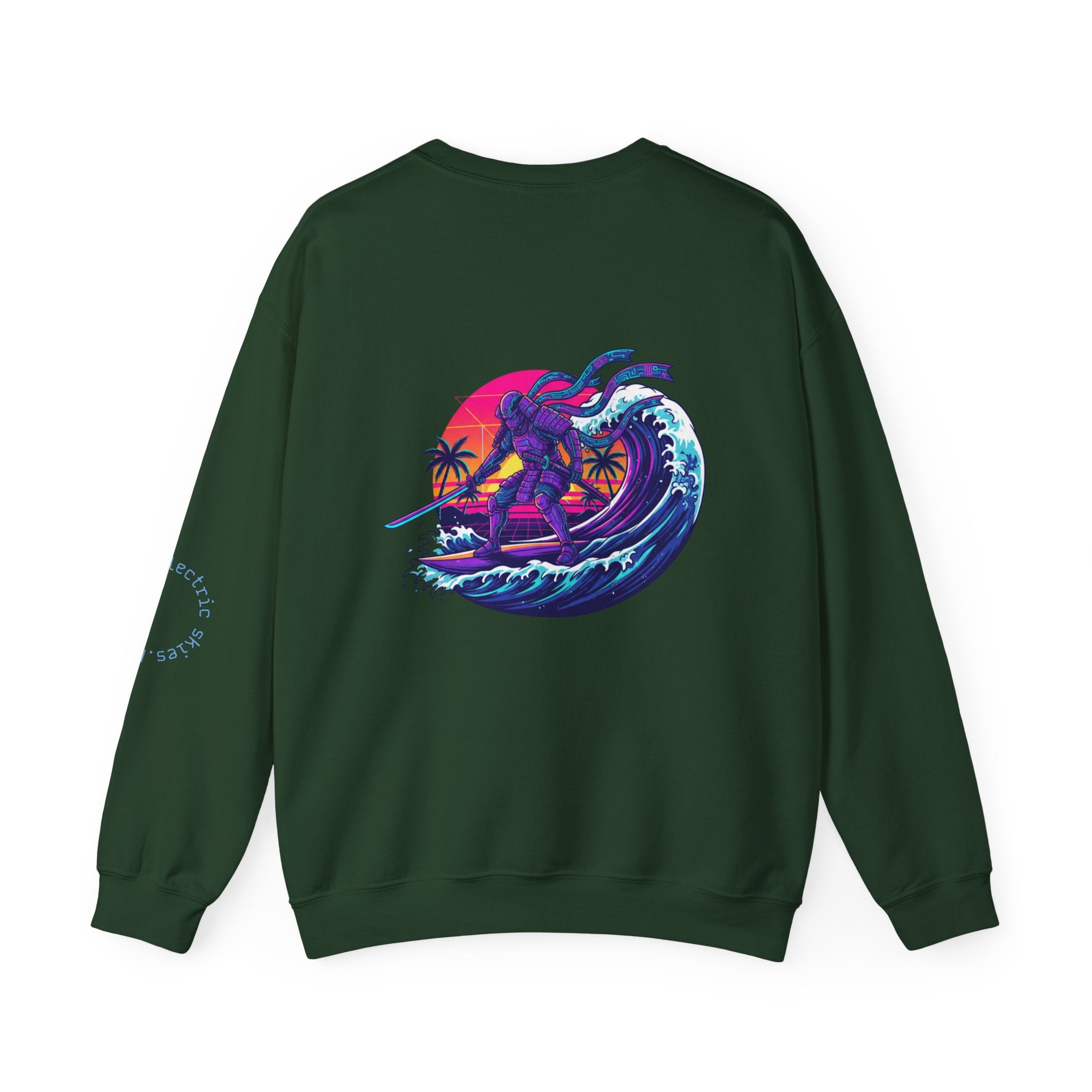 Surf Samurai Crewneck Sweatshirt — Retro Neon Sunset Wave Design