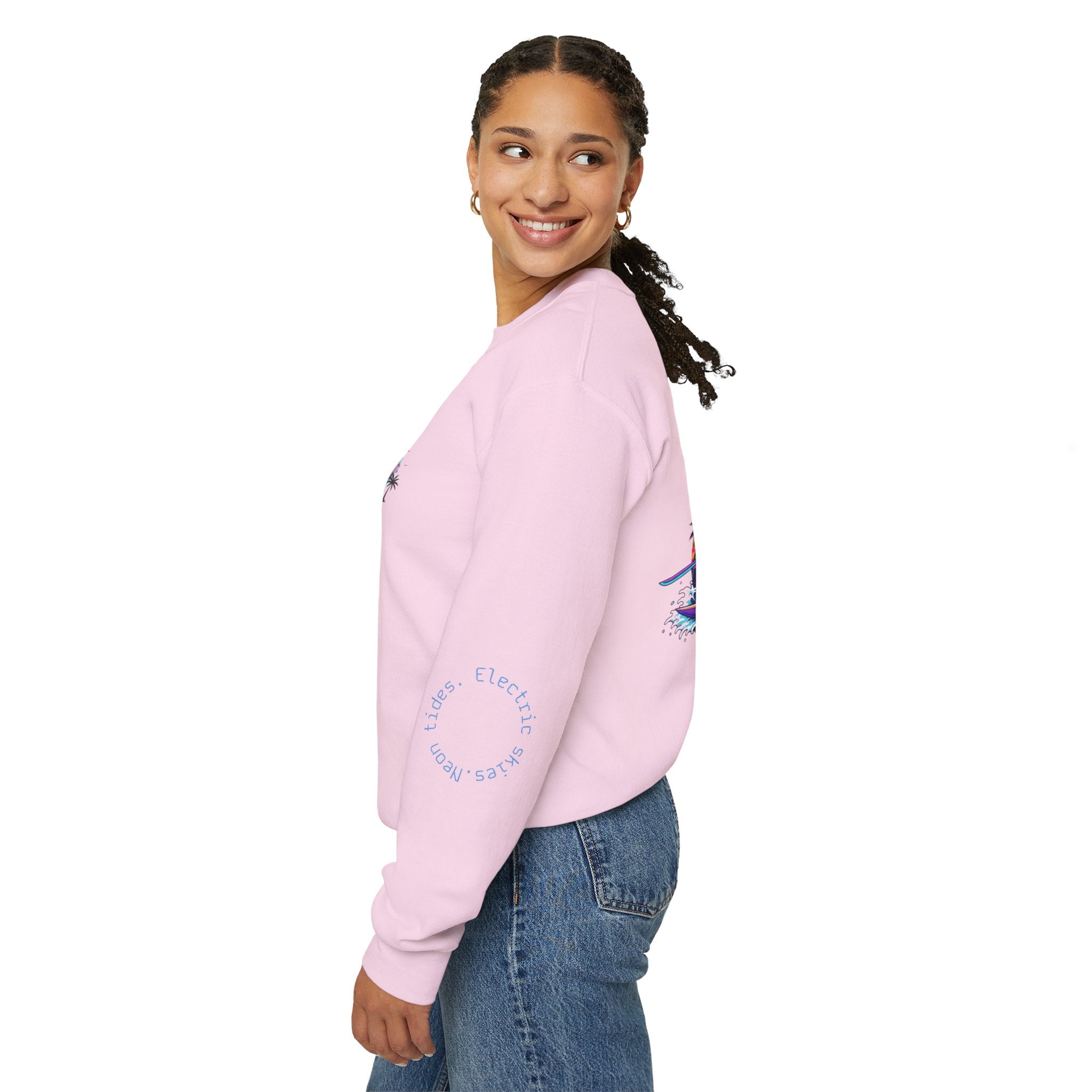 Surf Samurai Crewneck Sweatshirt — Retro Neon Sunset Wave Design