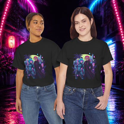 Cyberpunk Tropical Duo Tee — Neon Futuristic Beach Graphic T-Shirt