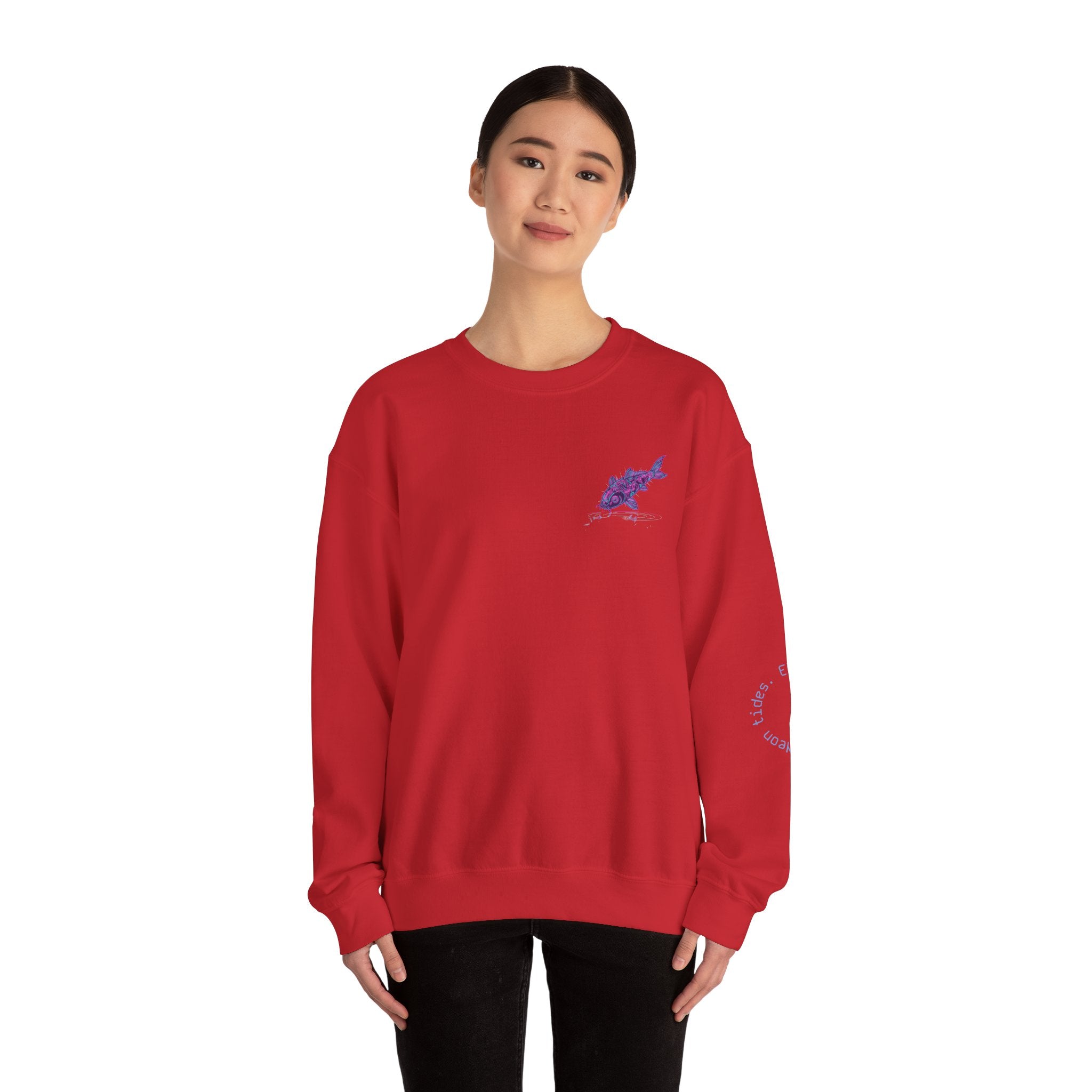 Crewneck Sweatshirt — Pastel Japanese Text Repeat & Purple Fish Graphic