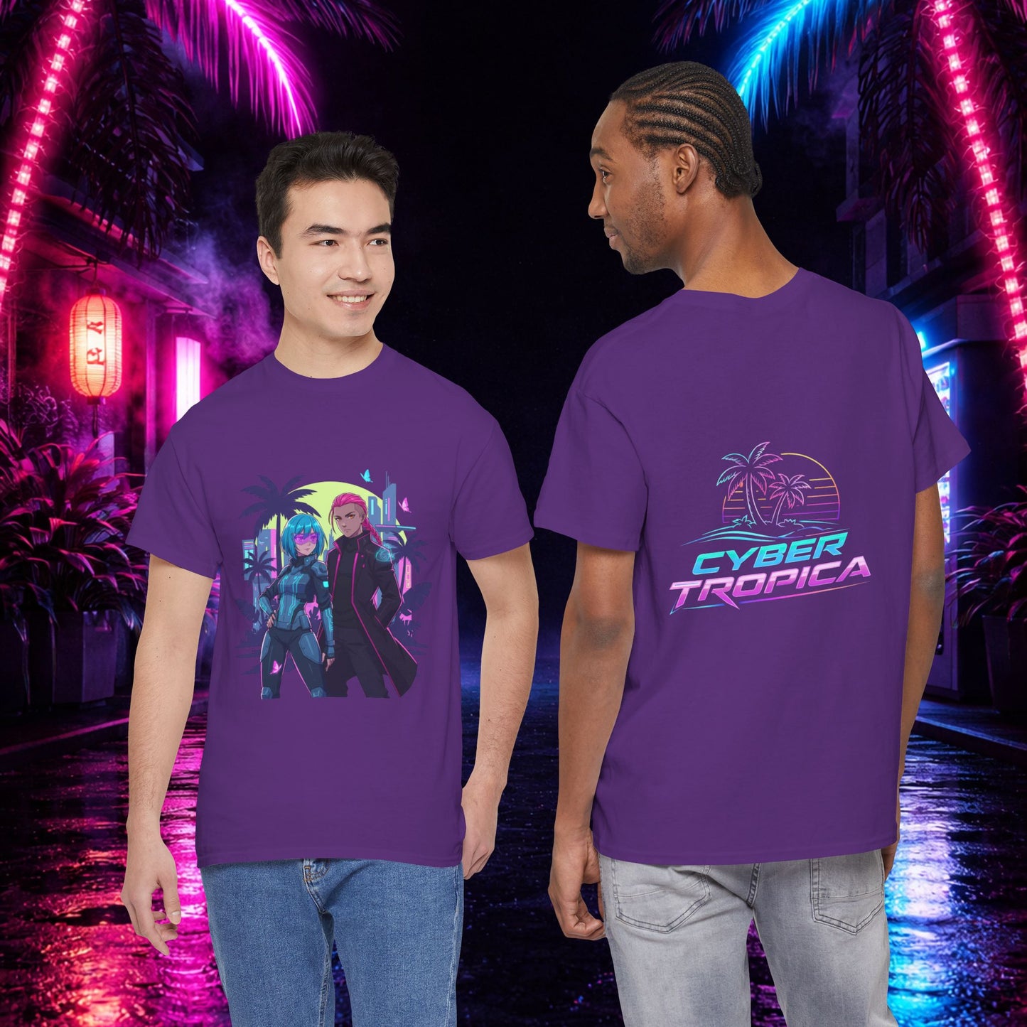 Cyberpunk Tropical Duo Tee — Neon Futuristic Beach Graphic T-Shirt
