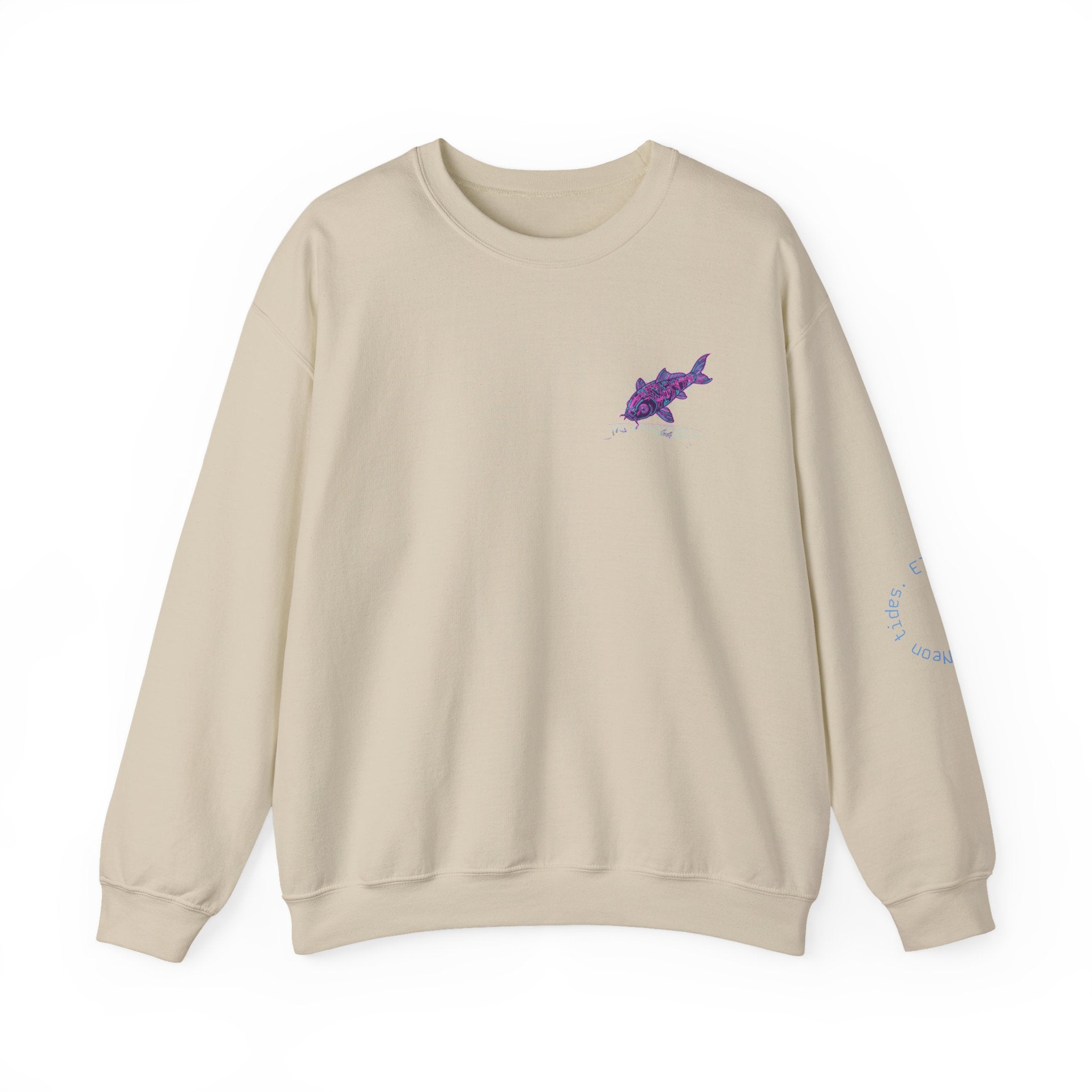 Crewneck Sweatshirt — Pastel Japanese Text Repeat & Purple Fish Graphic