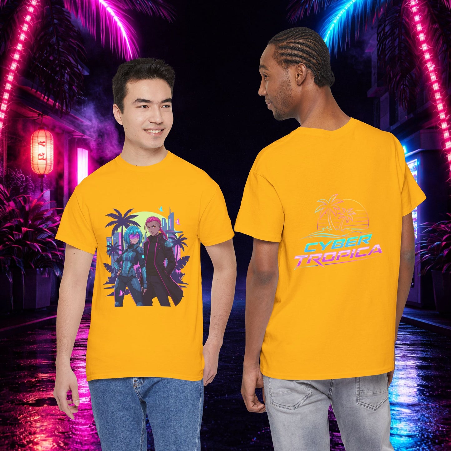 Cyberpunk Tropical Duo Tee — Neon Futuristic Beach Graphic T-Shirt