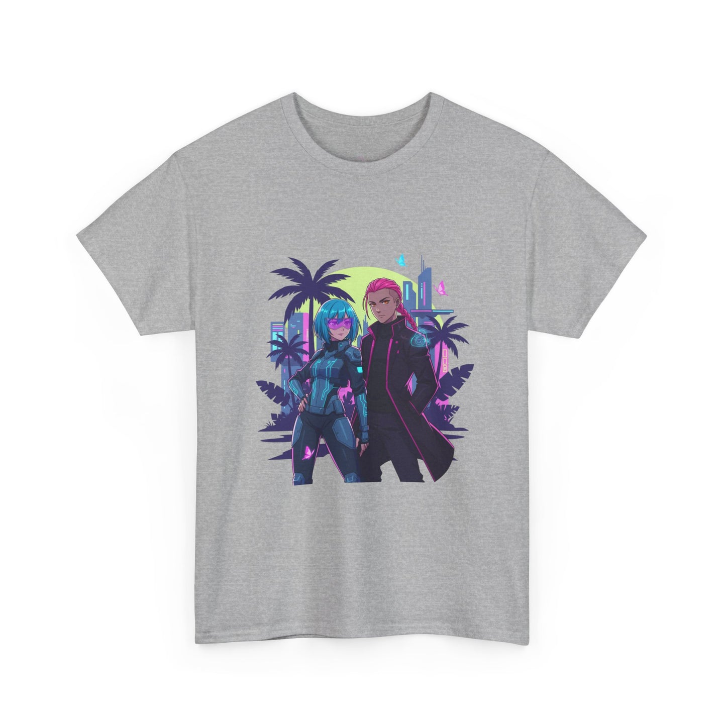Cyberpunk Tropical Duo Tee — Neon Futuristic Beach Graphic T-Shirt