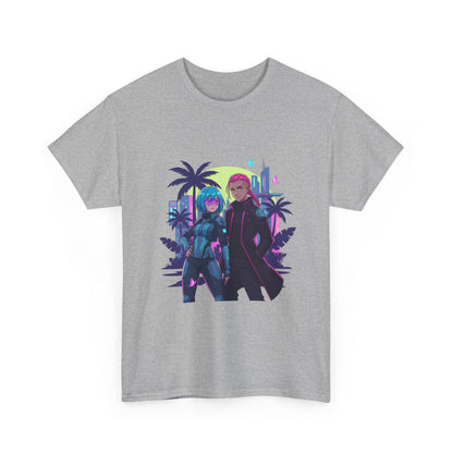 Cyberpunk Tropical Duo Tee — Neon Futuristic Beach Graphic T-Shirt