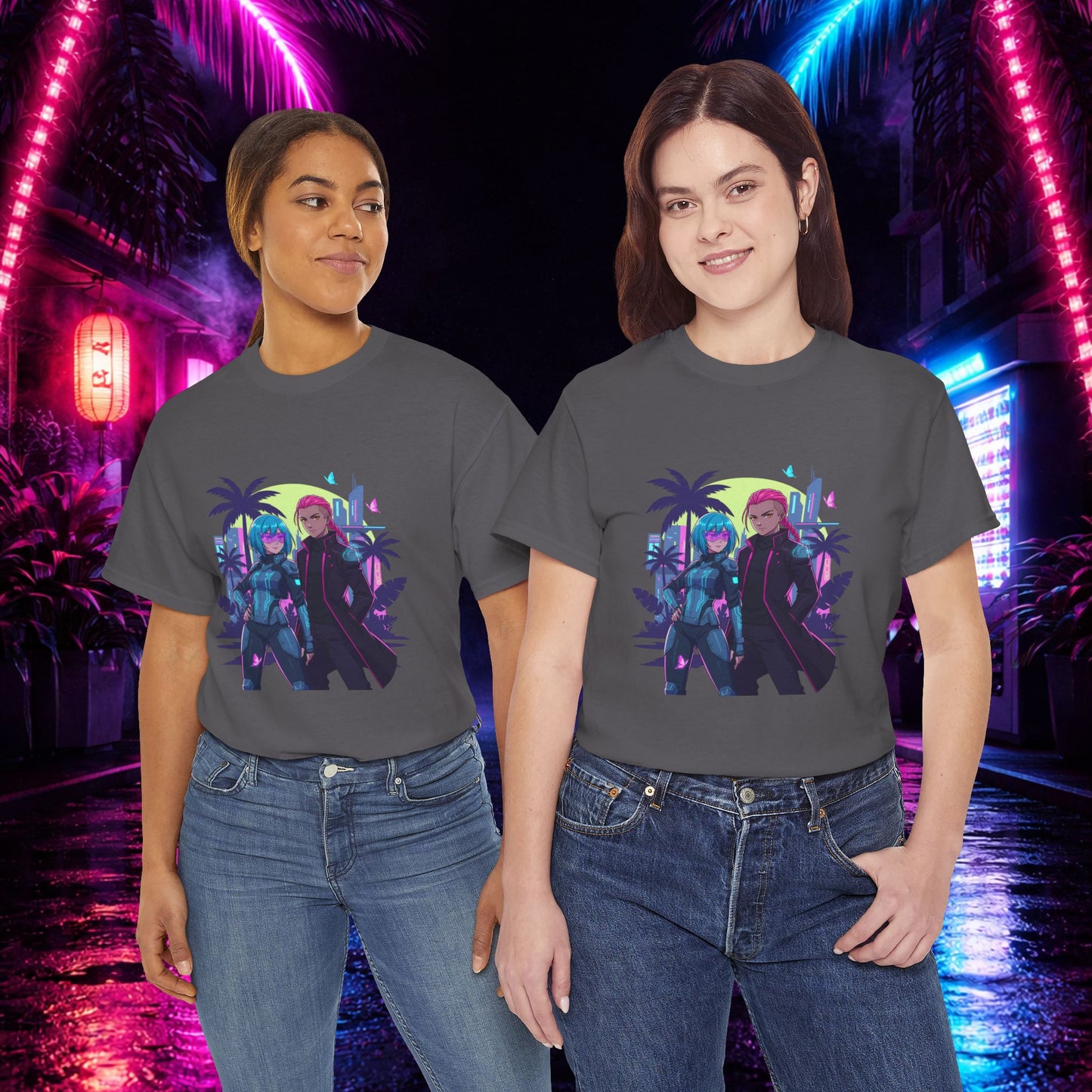 Cyberpunk Tropical Duo Tee — Neon Futuristic Beach Graphic T-Shirt