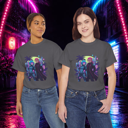 Cyberpunk Tropical Duo Tee — Neon Futuristic Beach Graphic T-Shirt
