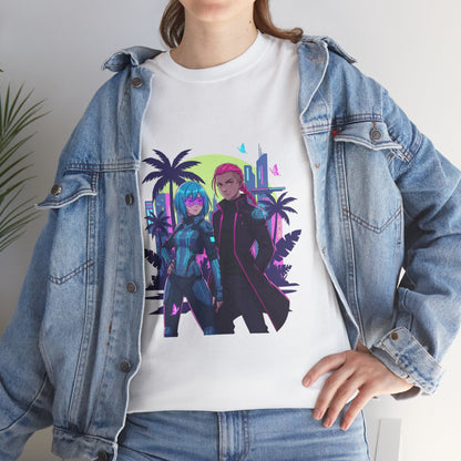 Cyberpunk Tropical Duo Tee — Neon Futuristic Beach Graphic T-Shirt