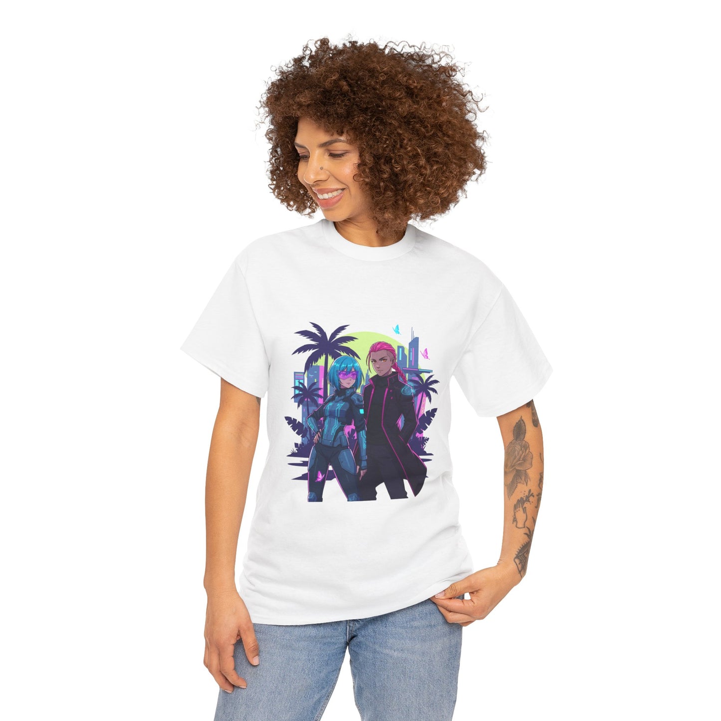 Cyberpunk Tropical Duo Tee — Neon Futuristic Beach Graphic T-Shirt