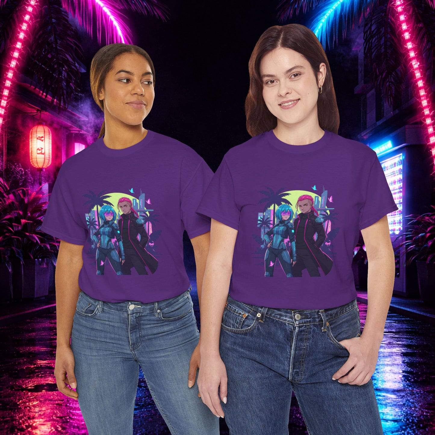 Cyberpunk Tropical Duo Tee — Neon Futuristic Beach Graphic T-Shirt