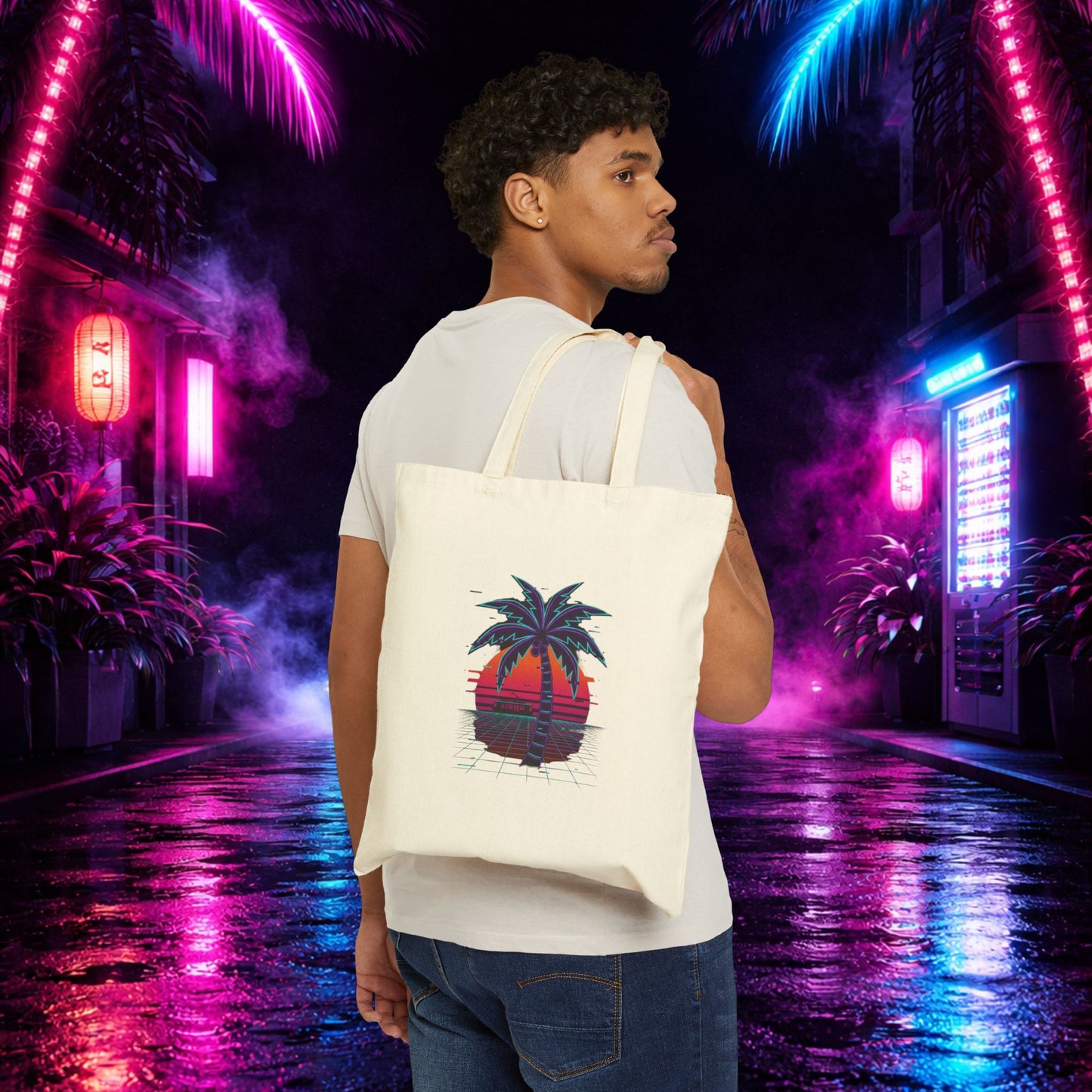 Neon Palm Sunset Canvas Tote ("neon tides. Electric skies.")