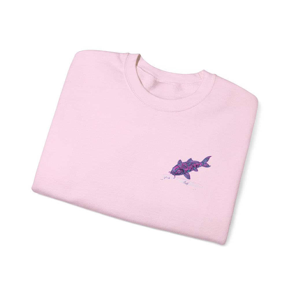 Crewneck Sweatshirt — Pastel Japanese Text Repeat & Purple Fish Graphic