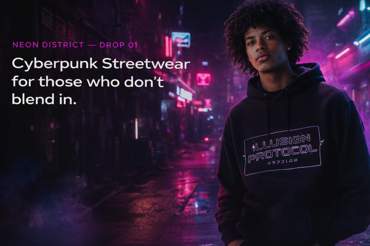 Person wearing a hoodie with 'Illusion Protocol' logo in a neon cyberpunk street setting.